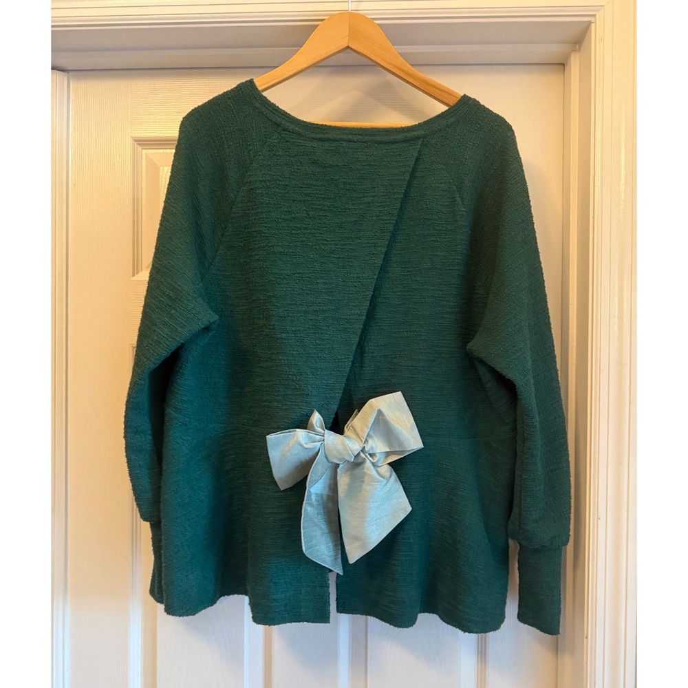 Anthropologie Top Women XL Green Open Back Bow Textured Knit Long Sleeve